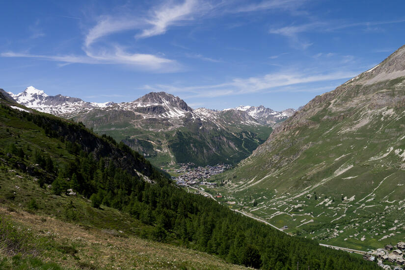 View over Val d'Isere from the road up to the Col de l'Iseran