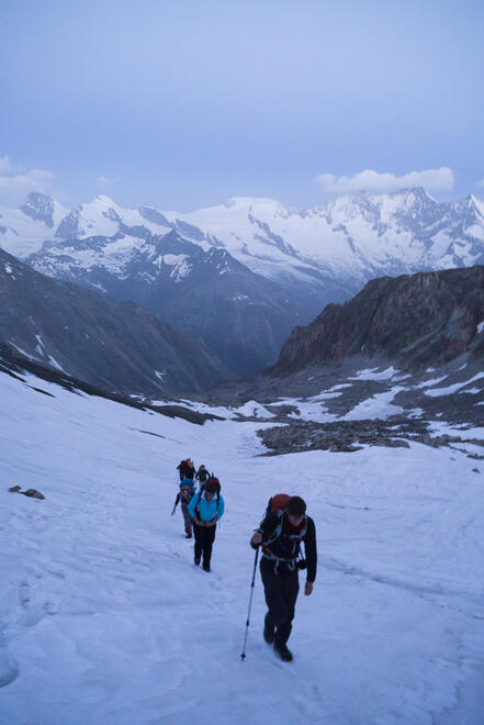 Walking up to Zwischbergenpass at dawn