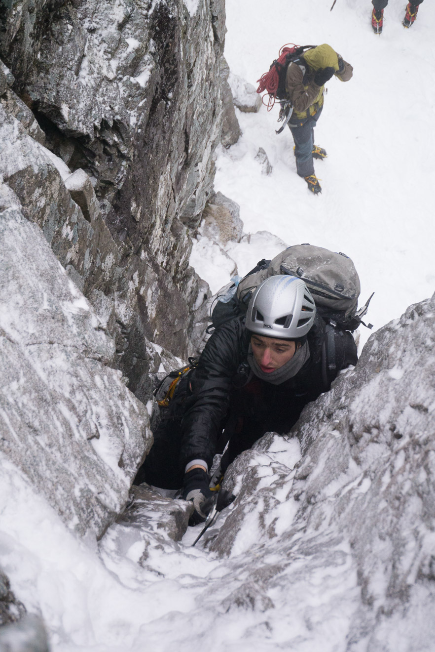Climbing the Chimney to start Tower Ridge