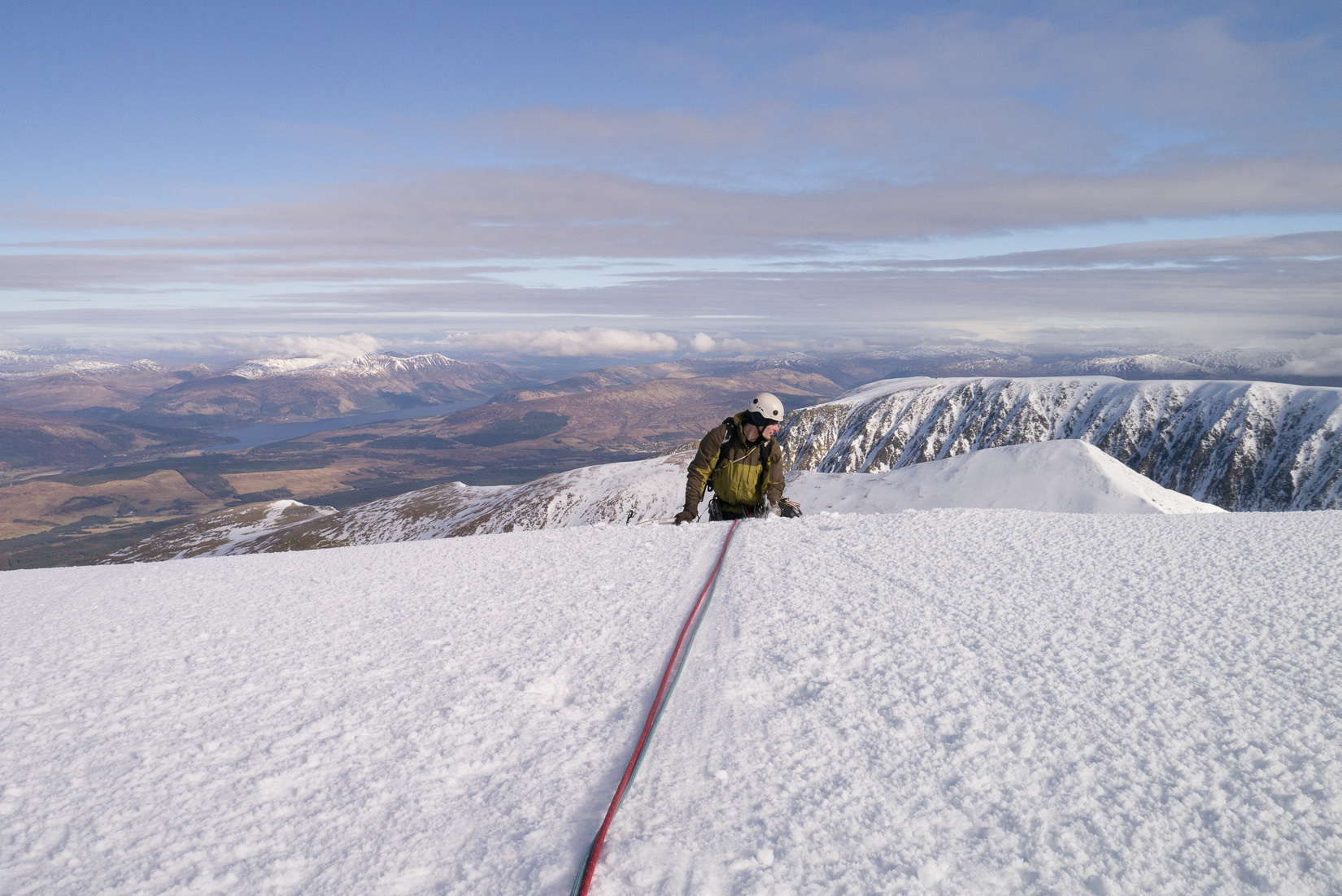 Topping out of Point Five gully in brilliant conditions