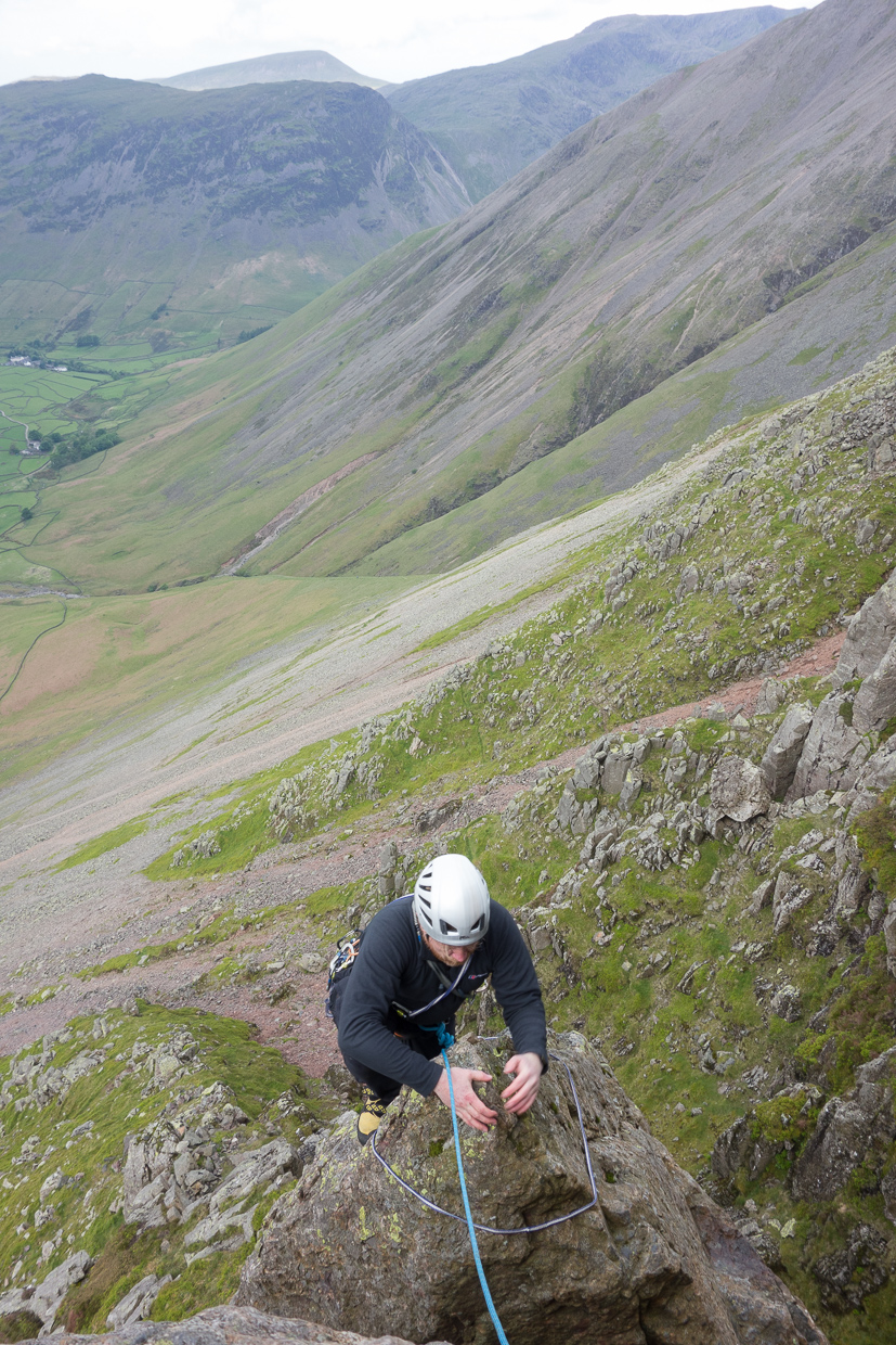 Approaching the belay on Napes Needle