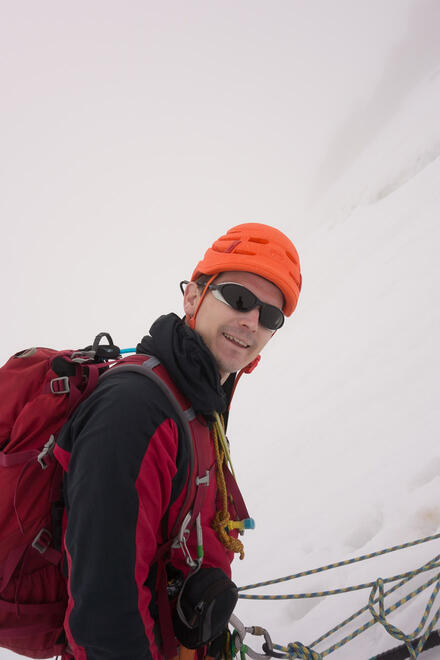 On a belay while descending the North West Face