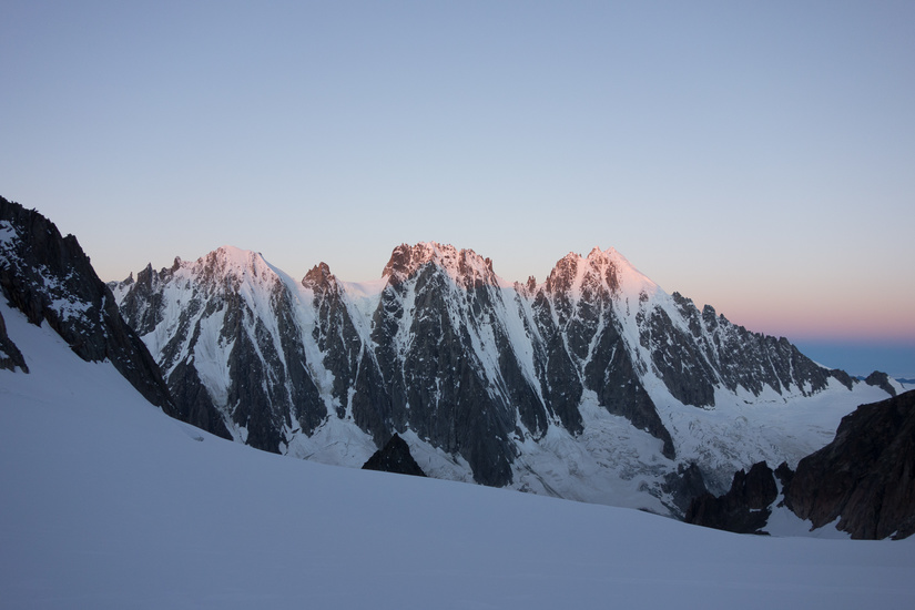 Alpenglow on 3 classic north faces above the Argentiere glacier