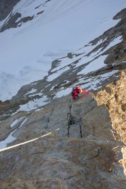 Rich climbing the Grande Dalle on the North Ridge of the Weissmi