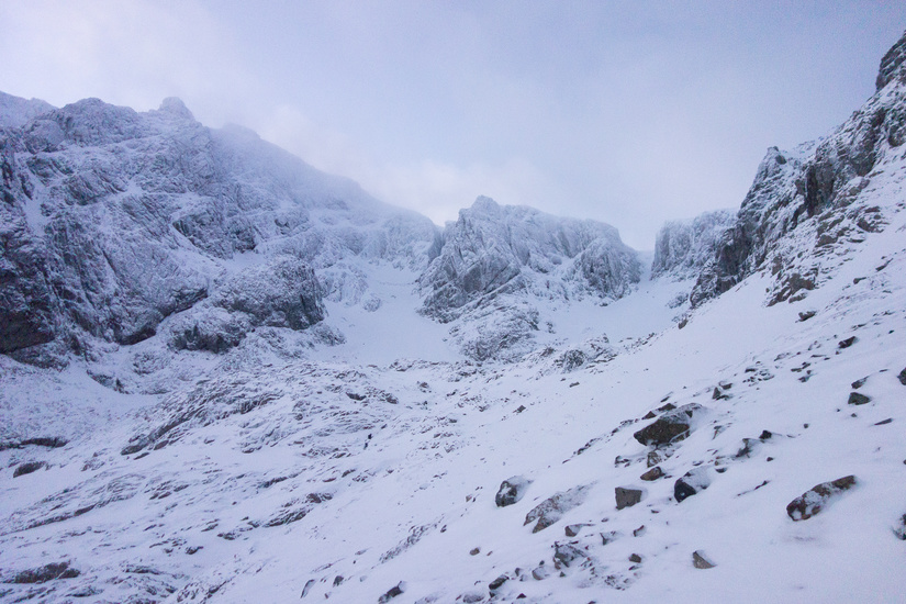 Walking into a rimed up Coire na Ciste in the morning