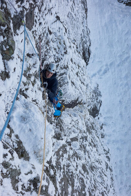 Nick on the steep ground at the top of the second pitch