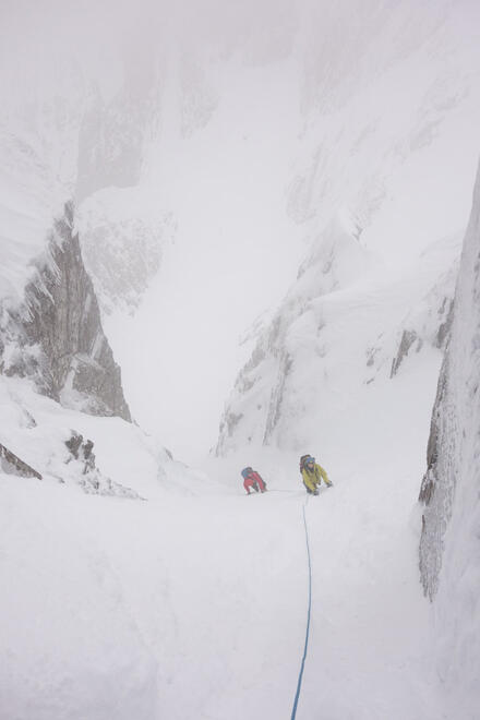 Ascending the initial easy snow slope