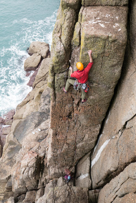 Exposed climbing on Red Wall