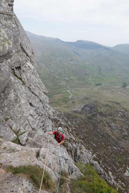 At the top of an outstanding pitch on Groved Arete