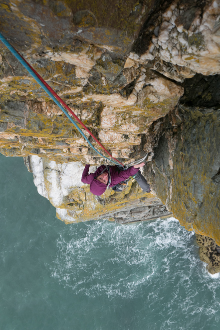 The steep final groove of Lighthouse Arete Direct