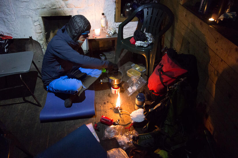 Cooking dinner while ski touring