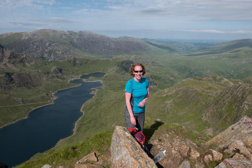 Becky on the summit of Lliwedd having climbed the Terminator