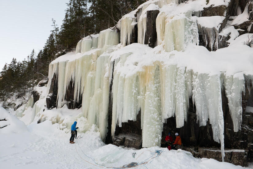 Gearing up before climbing one of the 'Unknown' Ice Pillars