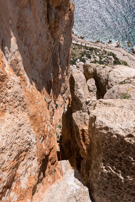 Looking down the chimney pitch