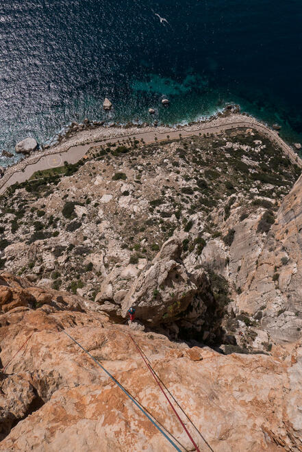 Looking down the crux pitch