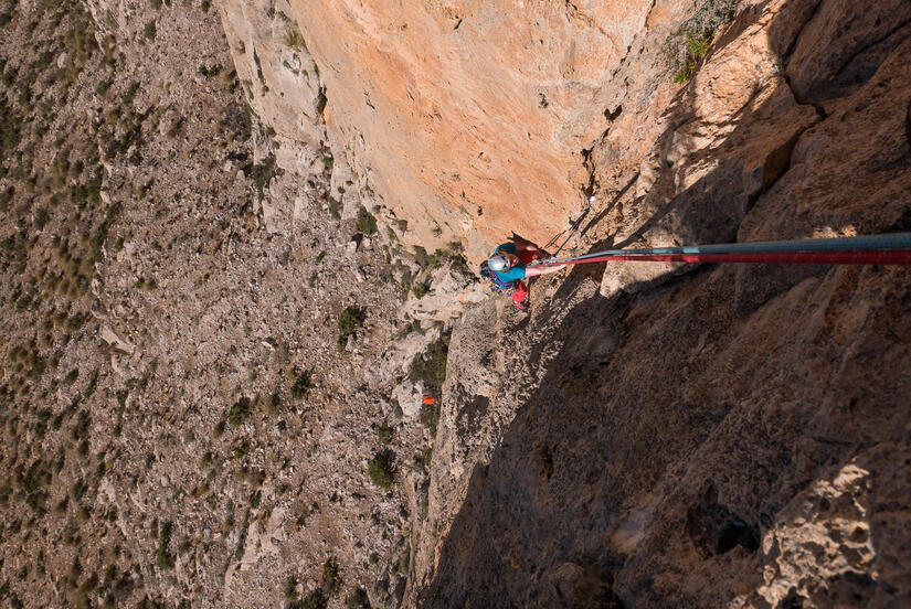 Becky on the steep first pitch