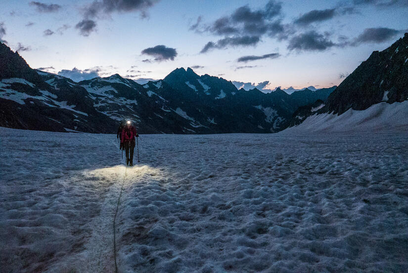 Walking up the Glacier Blanc in the morning