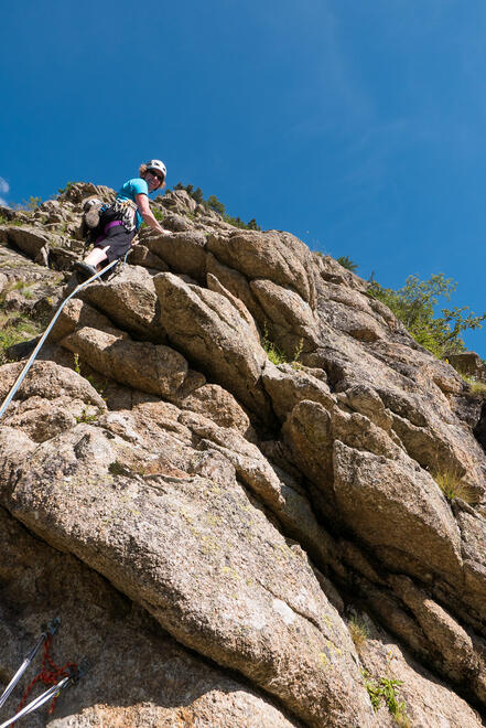 Becky leading up the arete