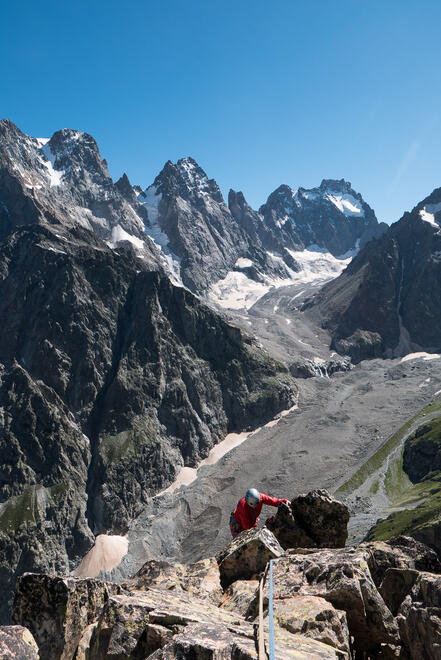 Becky scrambling on the summit ridge